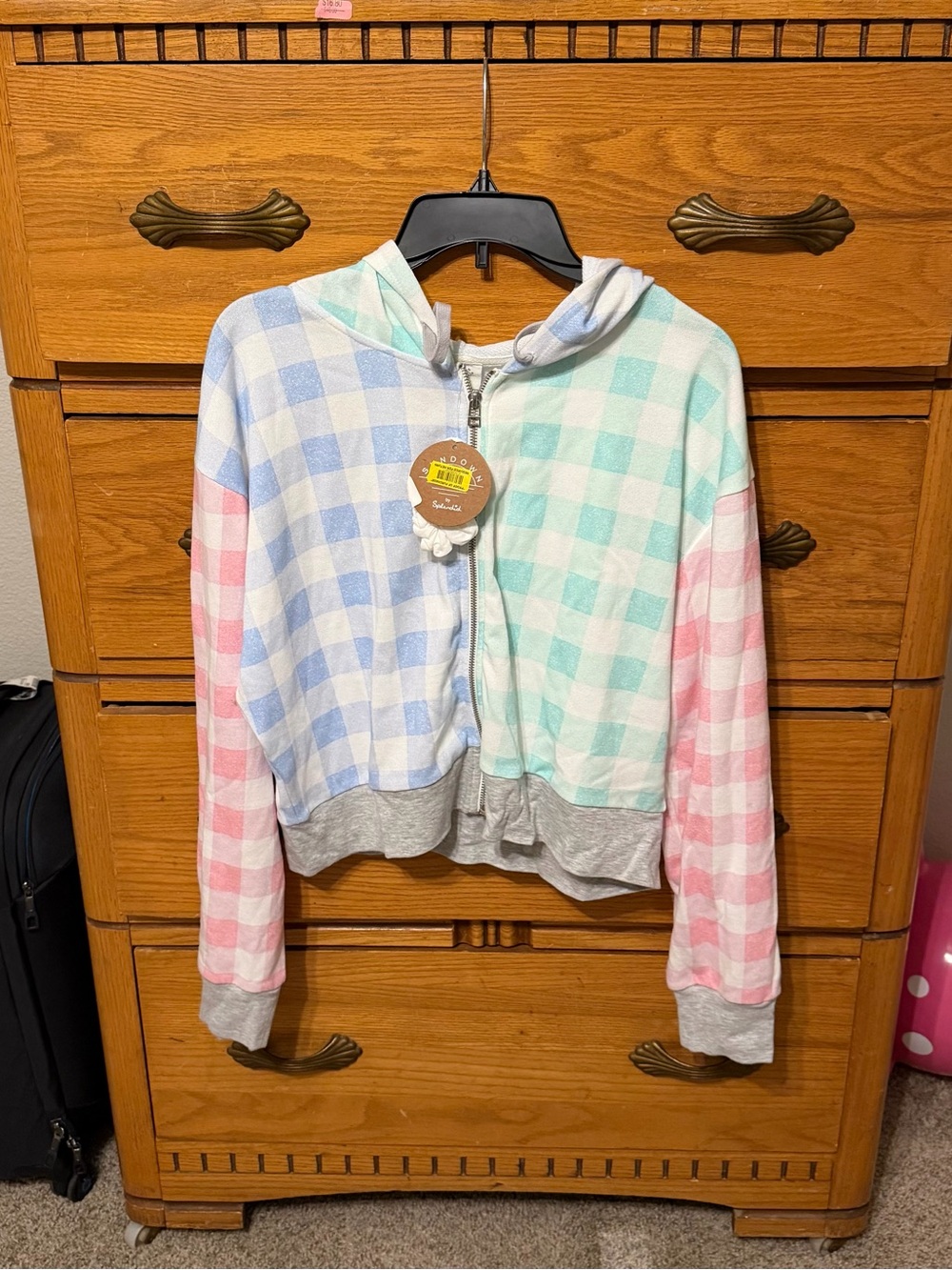 Splendid Pastel Gingham Hooded Zip Sweatshirt - Blue, Mint, Pink